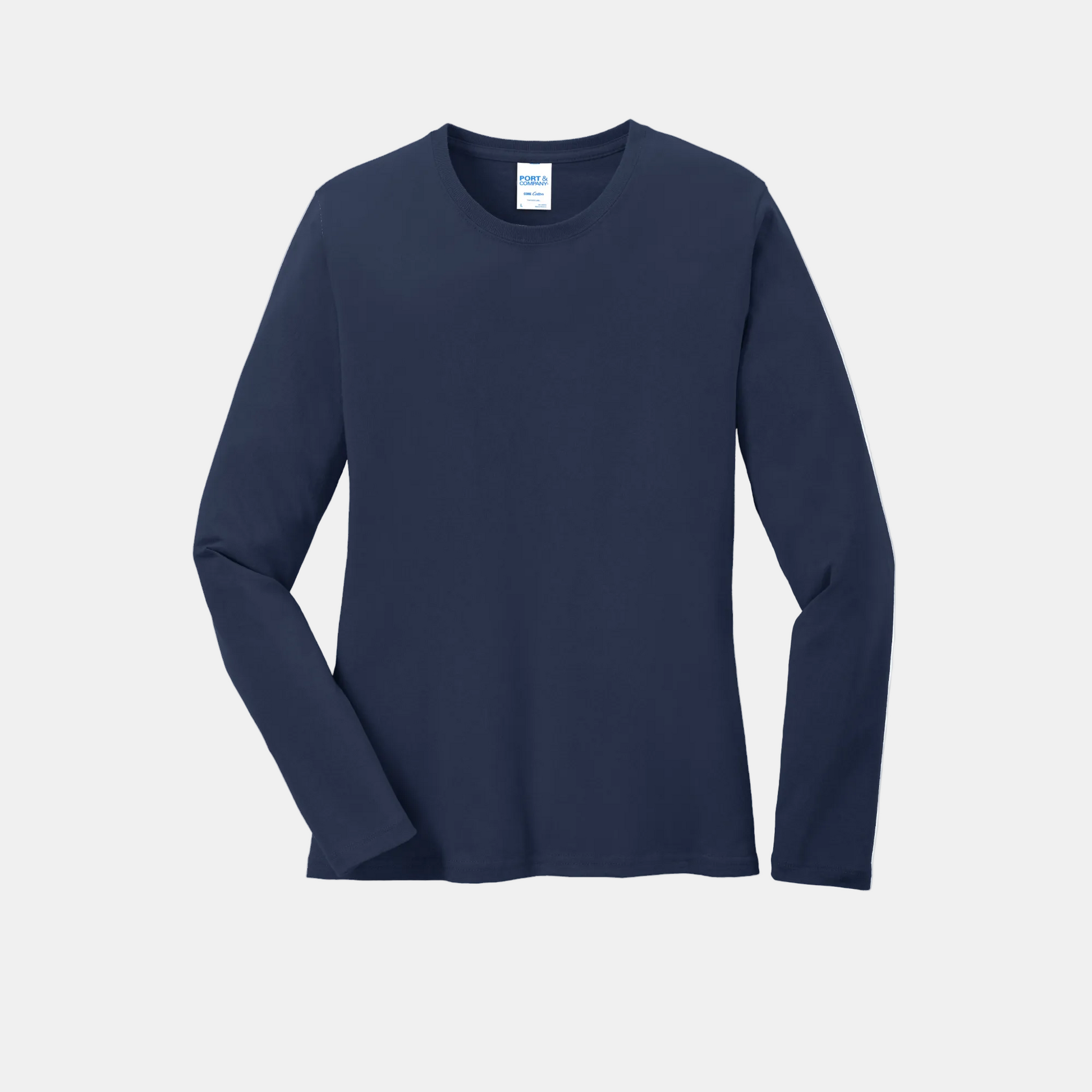 Custom women's Port & Company long-sleeve core tee in Navy, front view