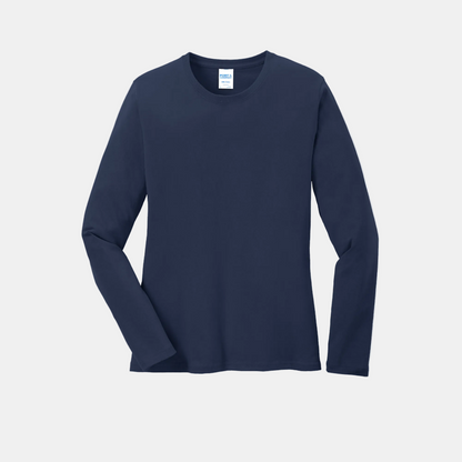 Custom women's Port & Company long-sleeve core tee in Navy, front view