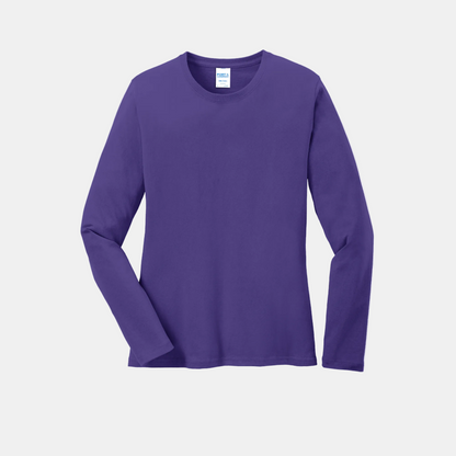 Custom women's Port & Company long-sleeve core tee in Purple, front view