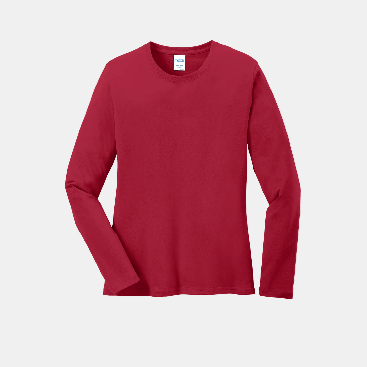 Custom women's Port & Company long-sleeve core tee in Red, front view