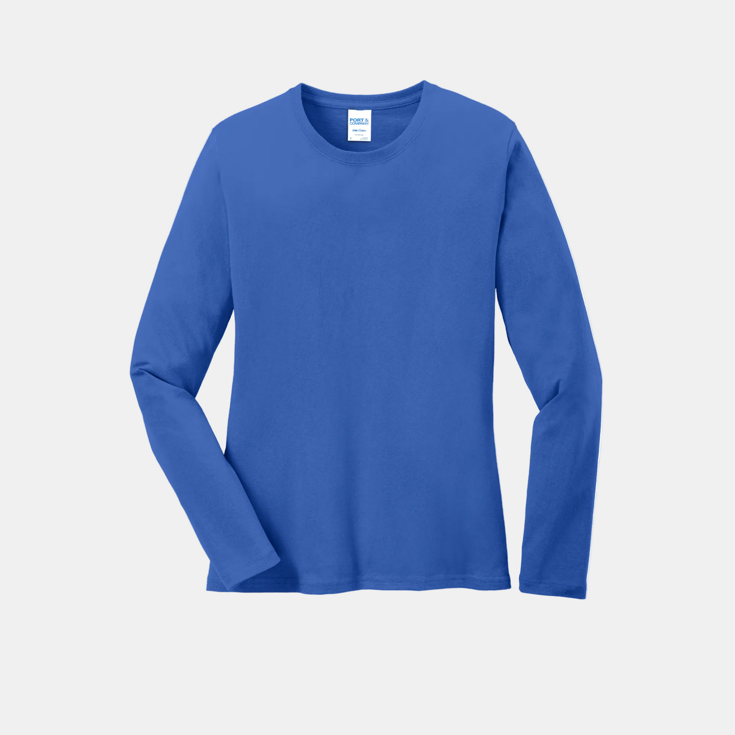 Custom women's Port & Company long-sleeve core tee in Royal Blue, front view