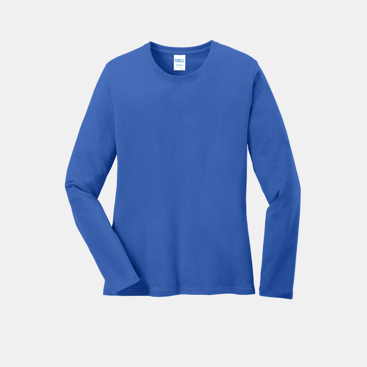 Custom women's Port & Company long-sleeve core tee in Royal Blue, front view