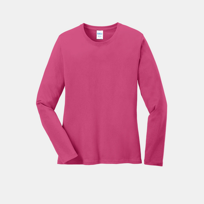 Custom women's Port & Company long-sleeve core tee in Sangria, front view