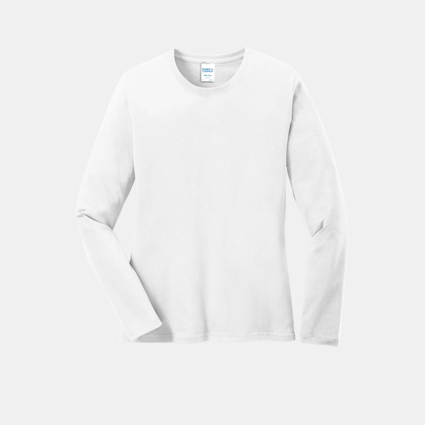 Custom women's Port & Company long-sleeve core tee in White, front view