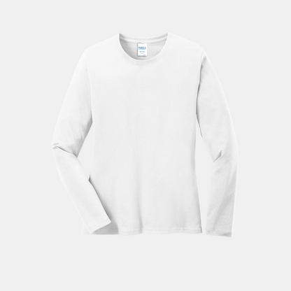Custom women's Port & Company long-sleeve core tee in White, front view