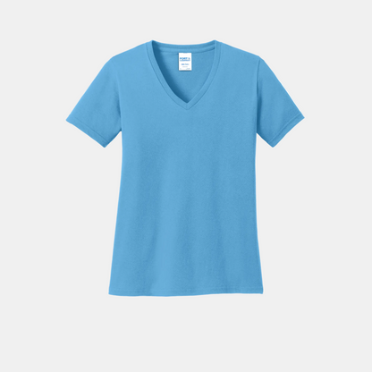 Custom women's Port & Company cotton V-neck T-shirt in Aquatic Blue, front view