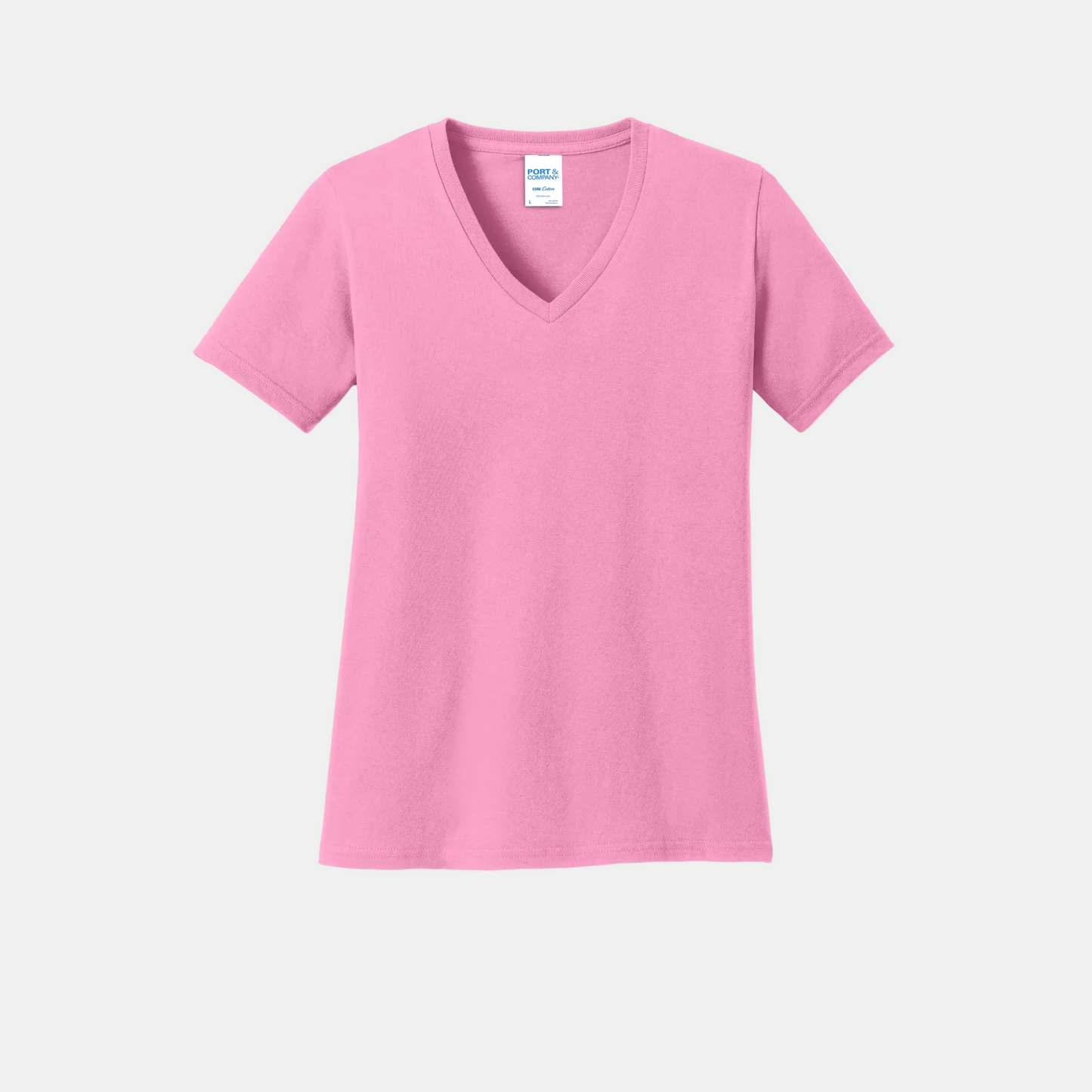 Custom women's Port & Company cotton V-neck T-shirt in Candy Pink, front view
