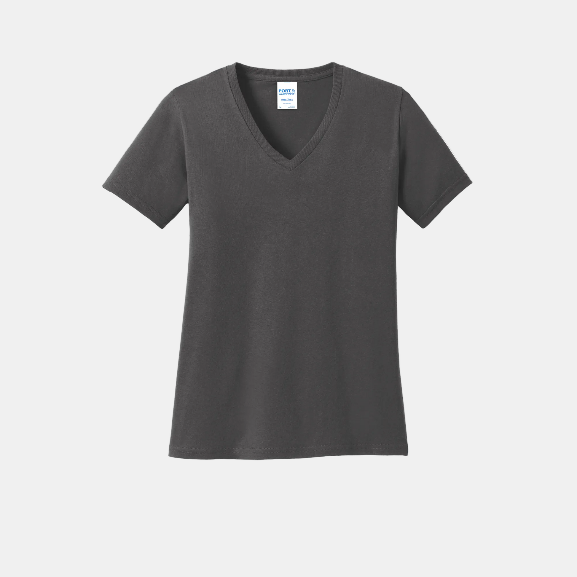 Custom women's Port & Company cotton V-neck T-shirt in Charcoal, front view