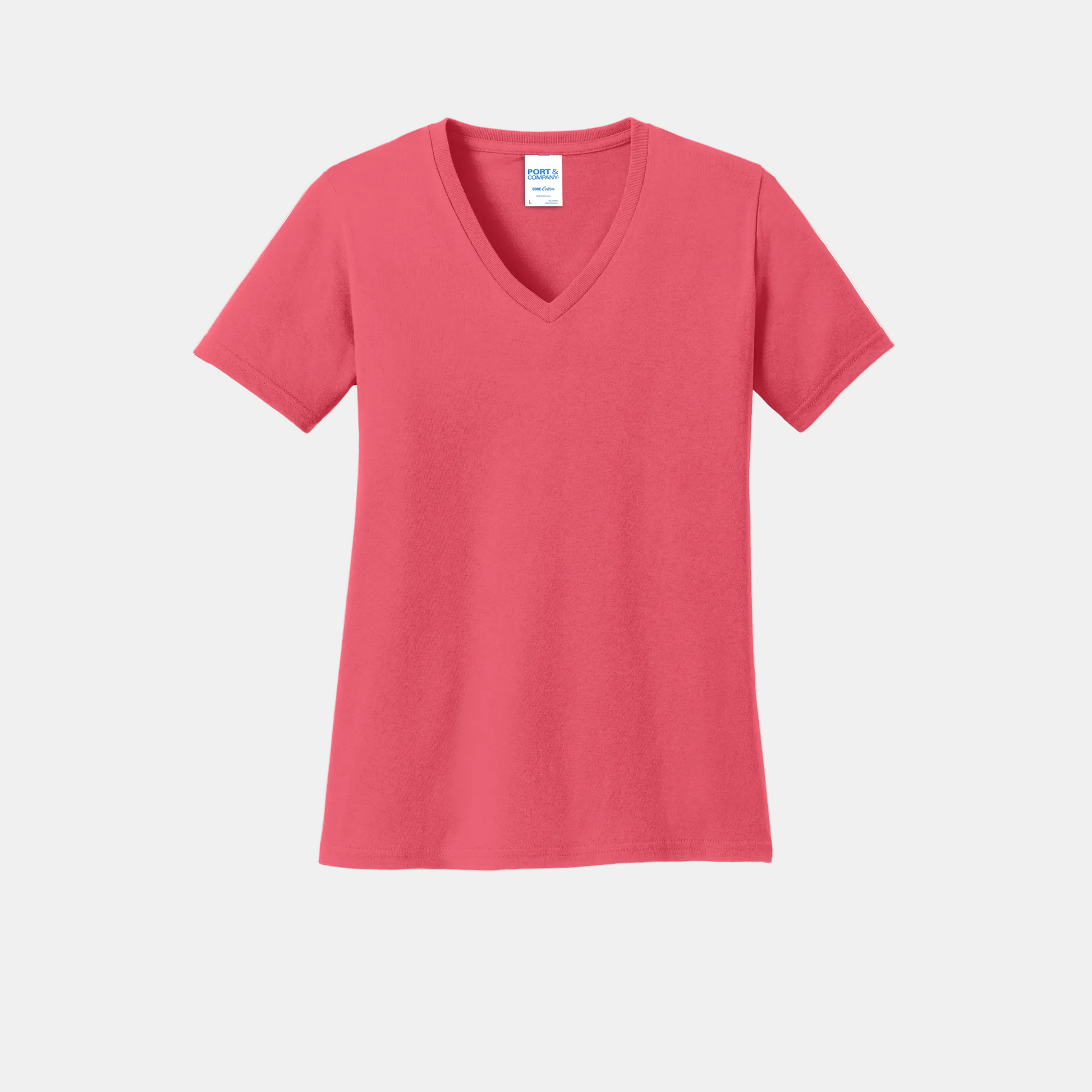 Custom women's Port & Company cotton V-neck T-shirt in Coral, front view