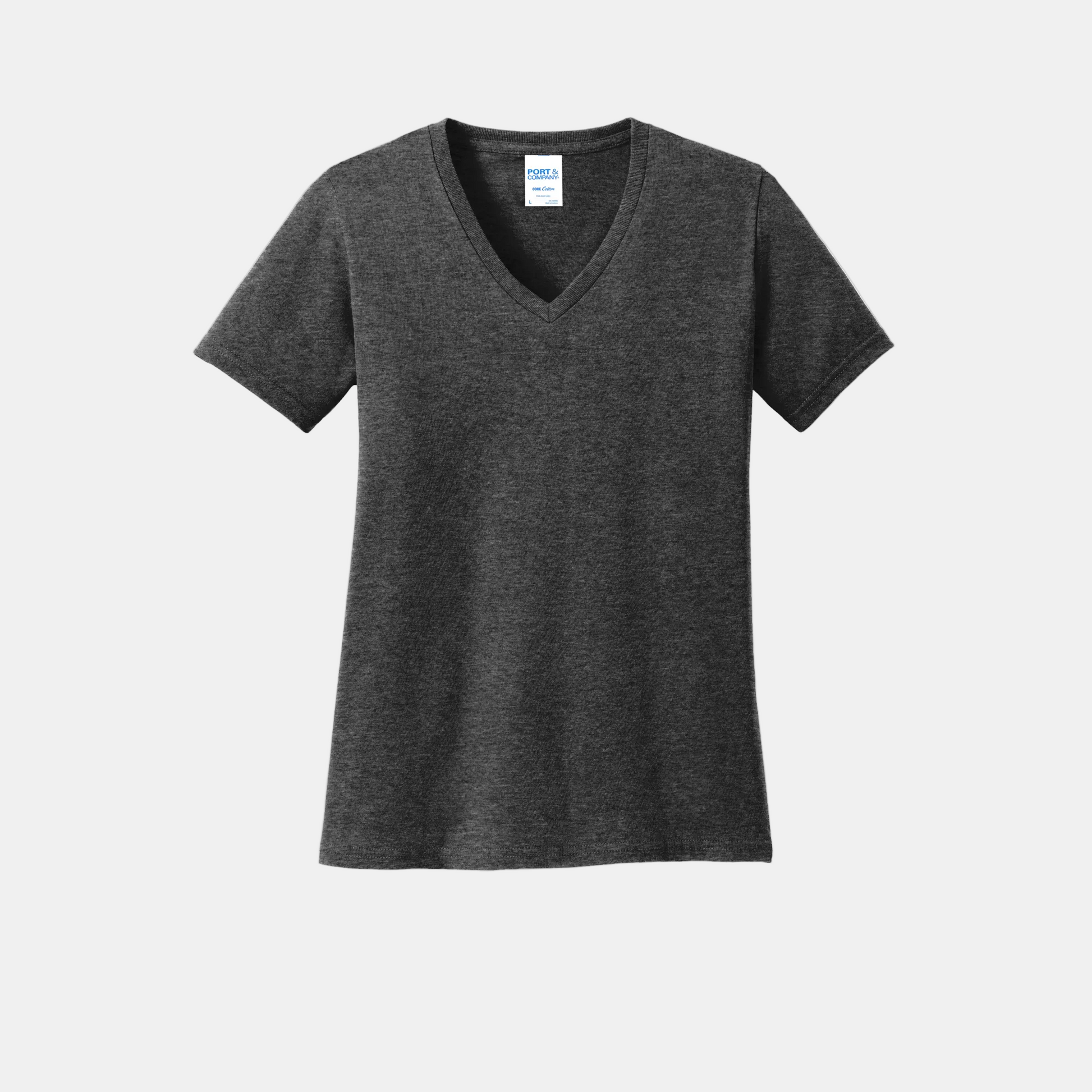 Custom women's Port & Company cotton V-neck T-shirt in Heather Dark Grey, front view