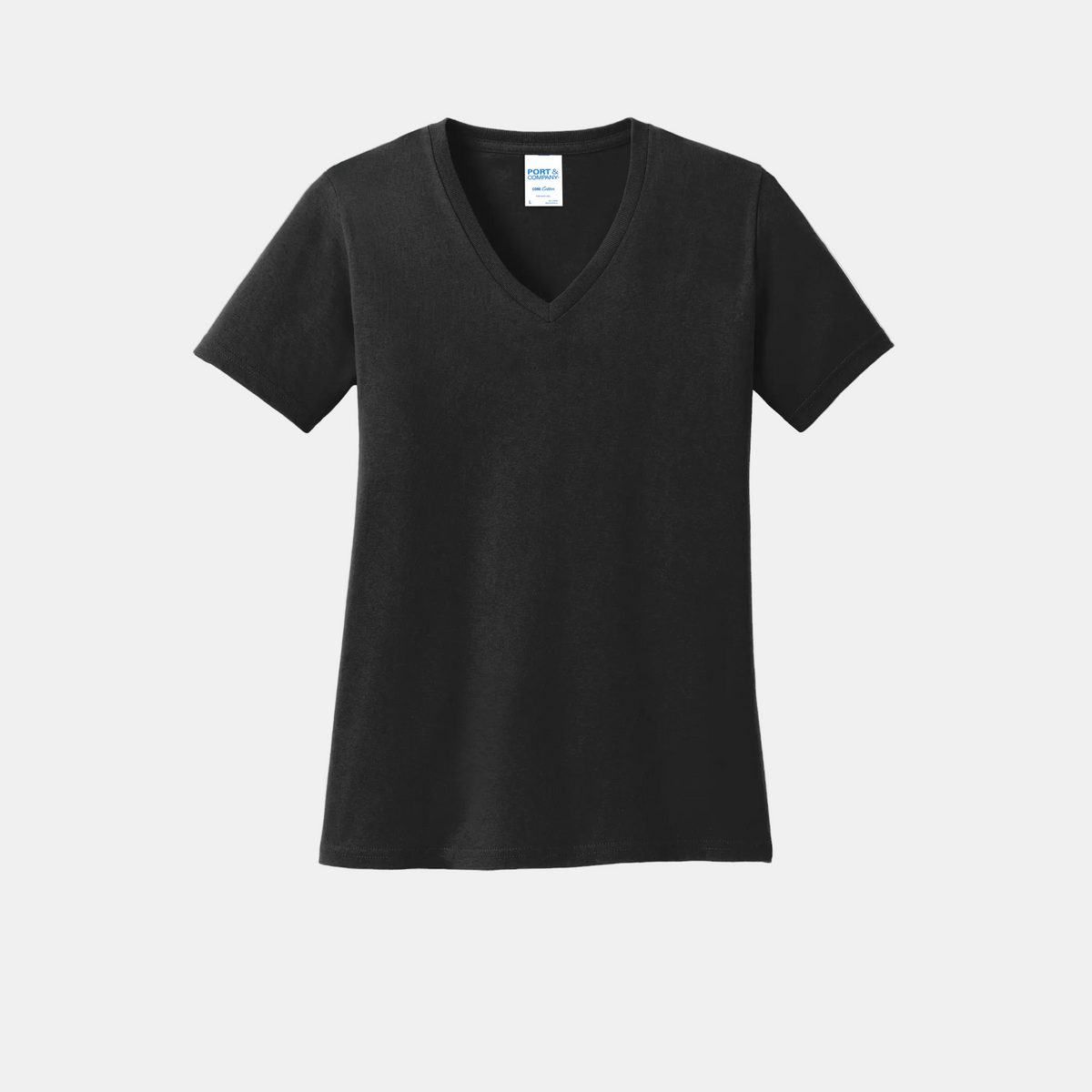 Custom women's Port & Company cotton V-neck T-shirt in Black, front view
