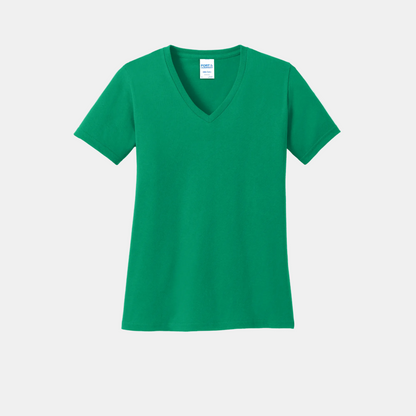 Custom women's Port & Company cotton V-neck T-shirt in Kelly Green, front view