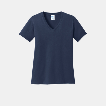 Custom women's Port & Company cotton V-neck T-shirt in Navy, front view