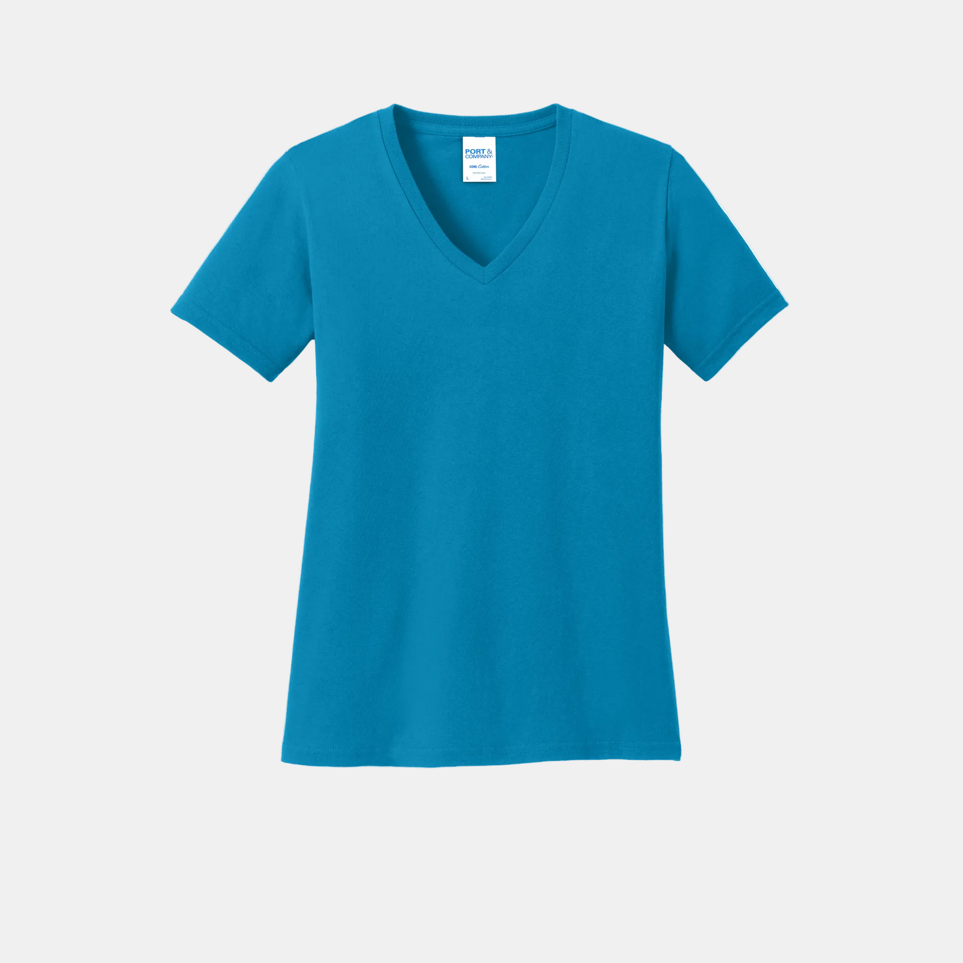 Custom women's Port & Company cotton V-neck T-shirt in Neon Blue, front view