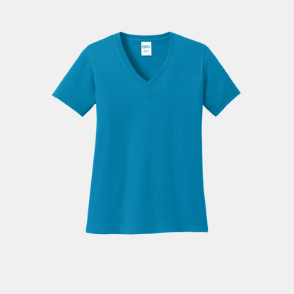 Custom women's Port & Company cotton V-neck T-shirt in Neon Blue, front view