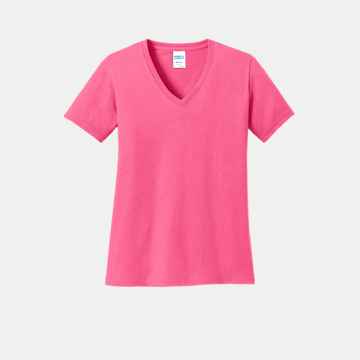 Custom women's Port & Company cotton V-neck T-shirt in Neon Pink, front view
