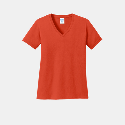 Custom women's Port & Company cotton V-neck T-shirt in Orange, front view
