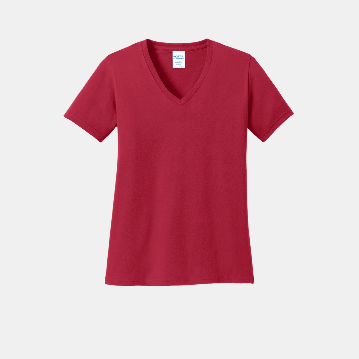 Custom women's Port & Company cotton V-neck T-shirt in Red, front view