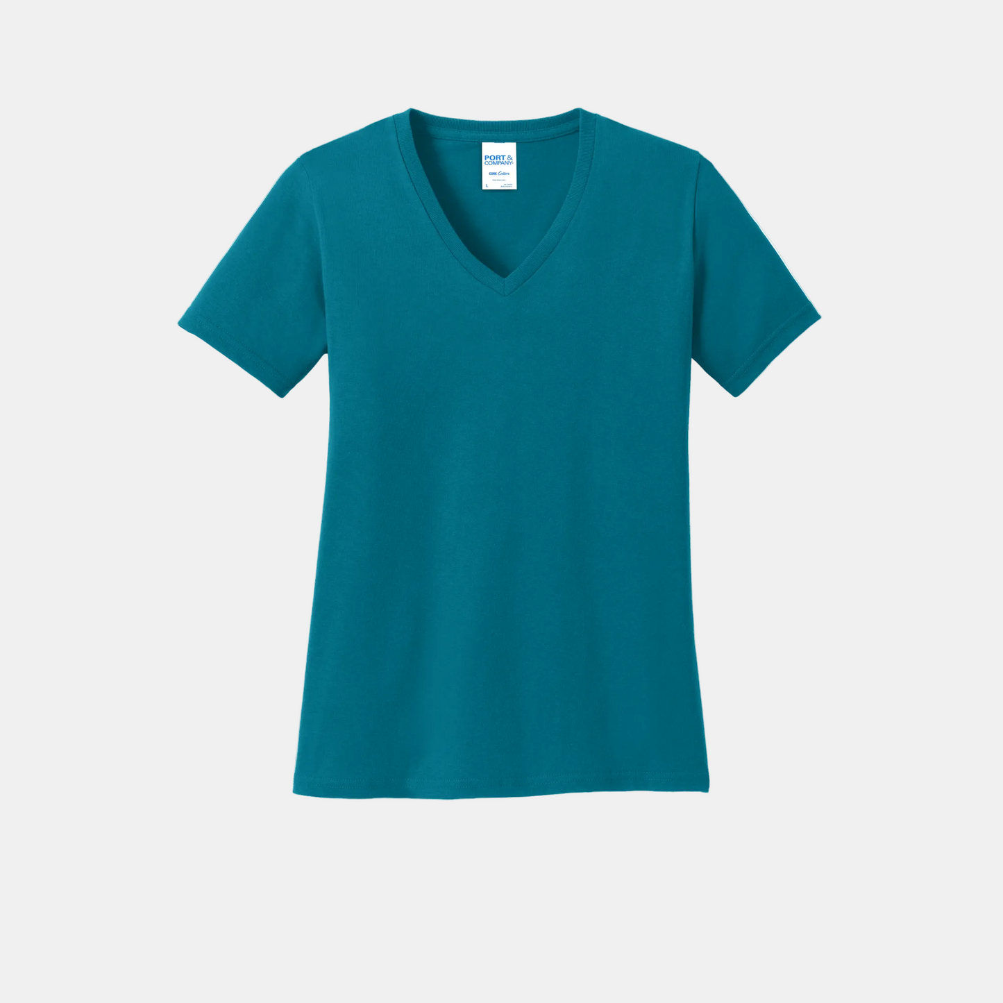 Custom women's Port & Company cotton V-neck T-shirt in Teal, front view