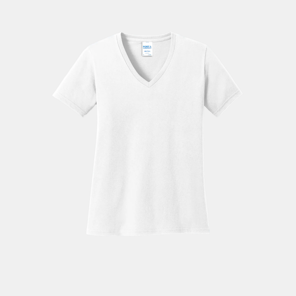Custom women's Port & Company cotton V-neck T-shirt in White, front view