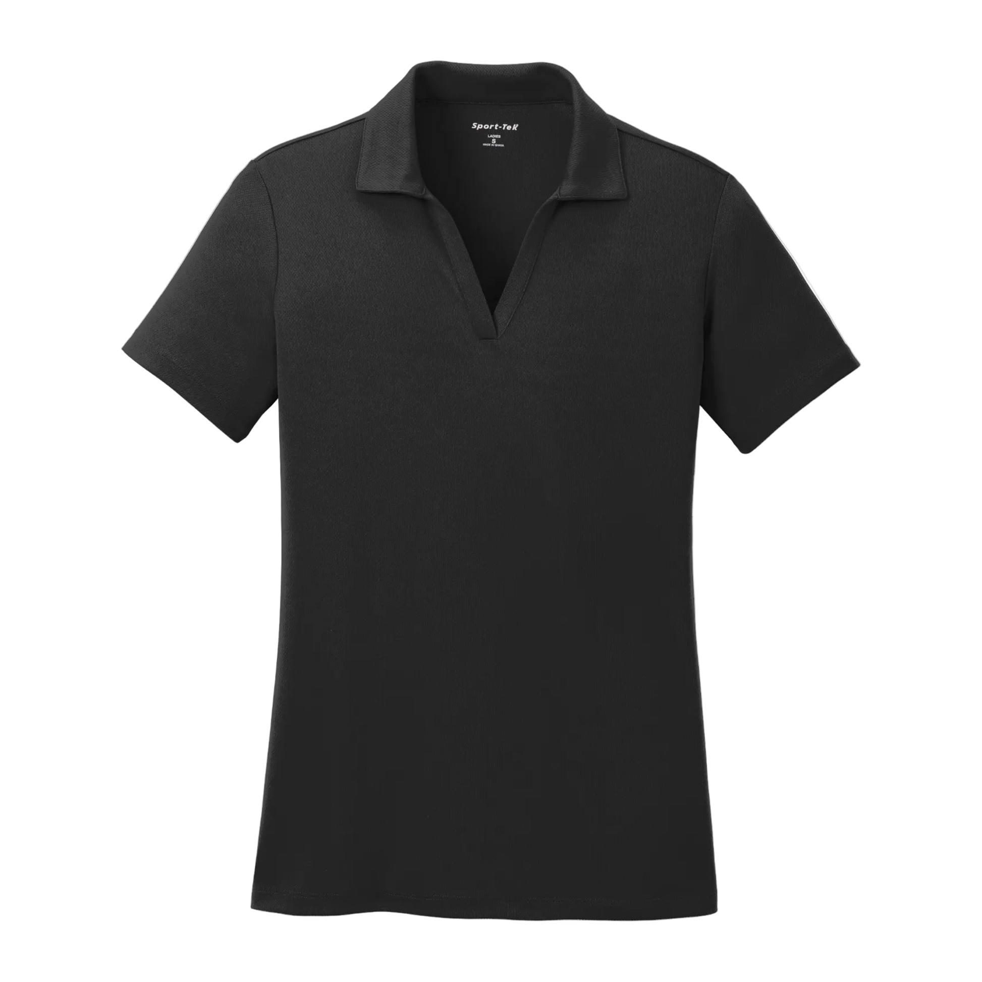 Custom women's Sport-Tek PosiCharge RacerMesh polo in Black, front view