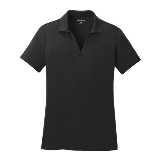 Custom women's Sport-Tek PosiCharge RacerMesh polo in Black, front view