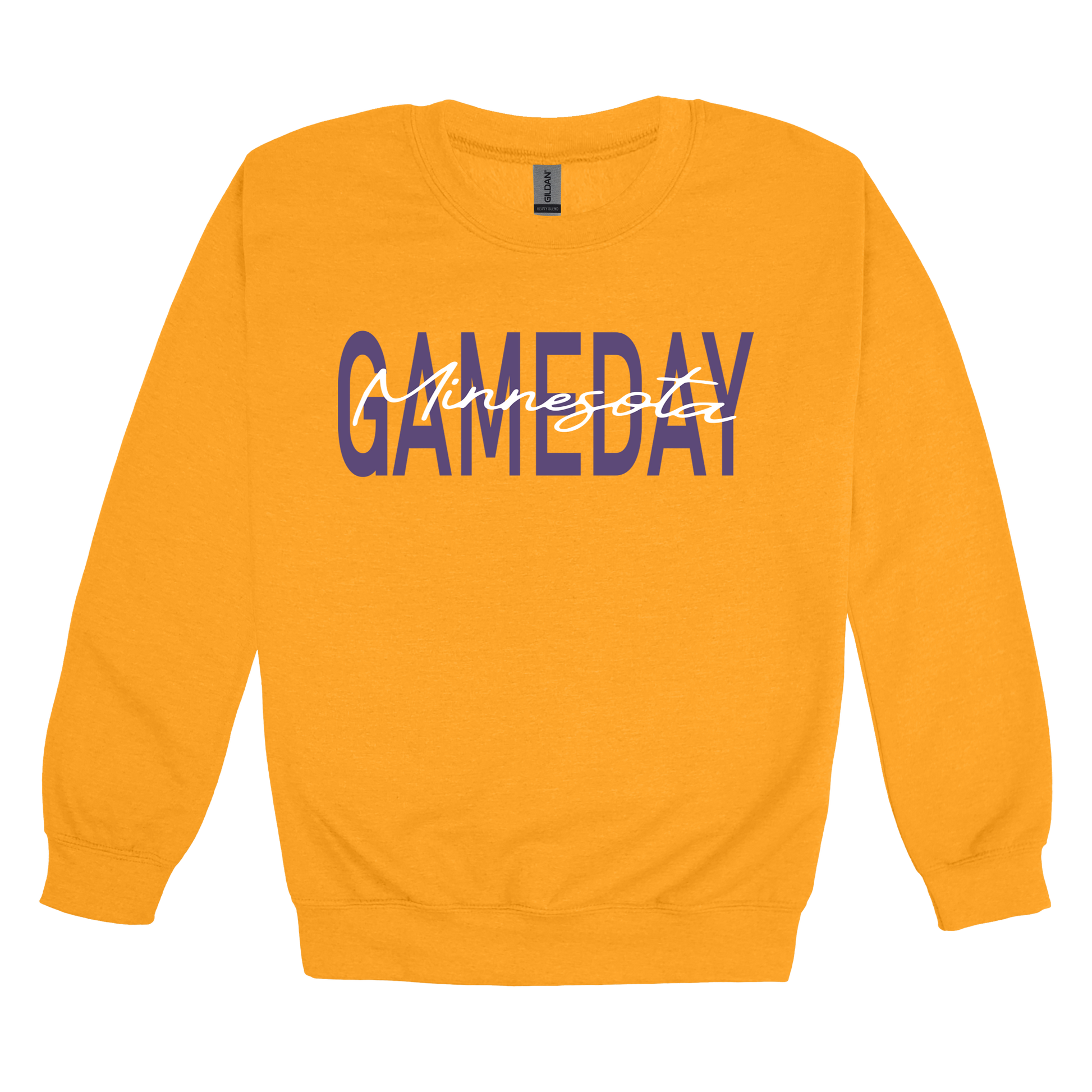 Minnesota Game Day design shown on Gold adult Gildan crewneck sweatshirt.