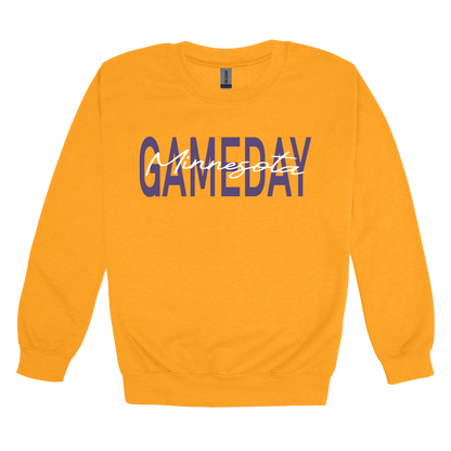 Minnesota Game Day design shown on Gold adult Gildan crewneck sweatshirt.