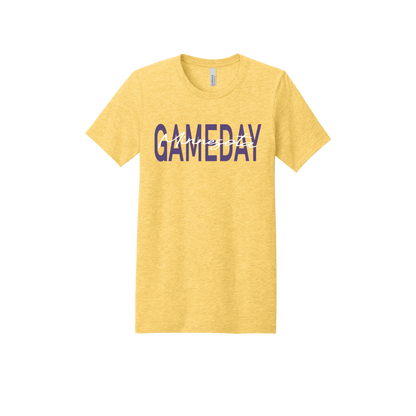 Minnesota Game Day design shown on Heathered Yellow Gold adult Bella+Canvas 3001 T-shirt.