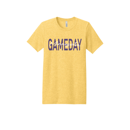 Minnesota Game Day design shown on Heathered Yellow Gold adult Bella+Canvas 3001 T-shirt.