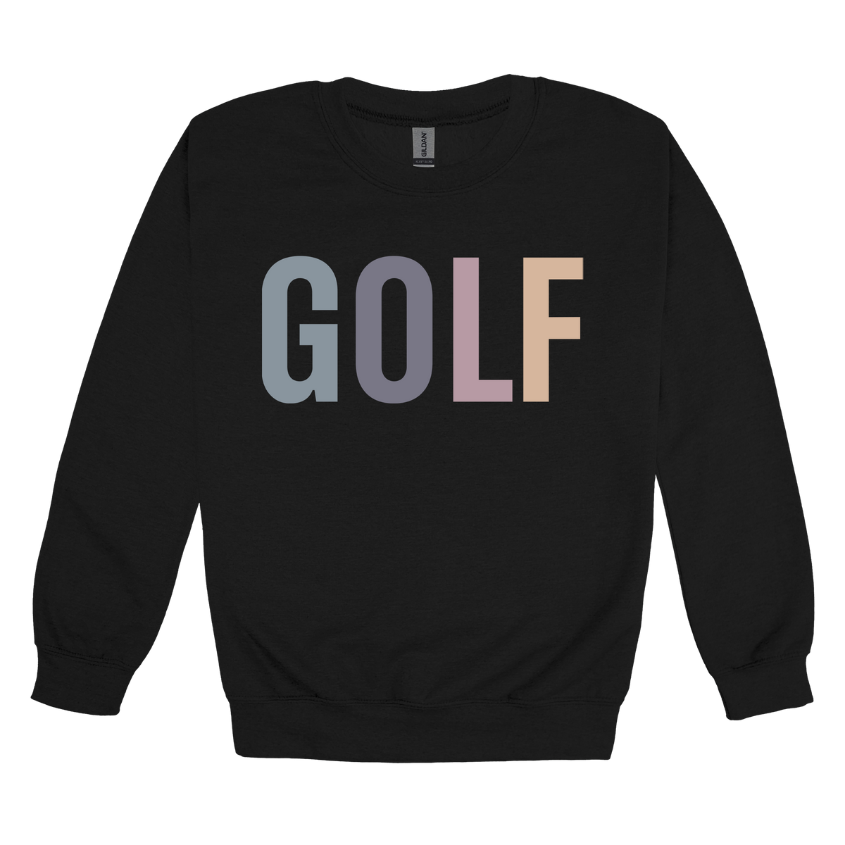 Golf design shown on Black adult Gildan crewneck sweatshirt.
