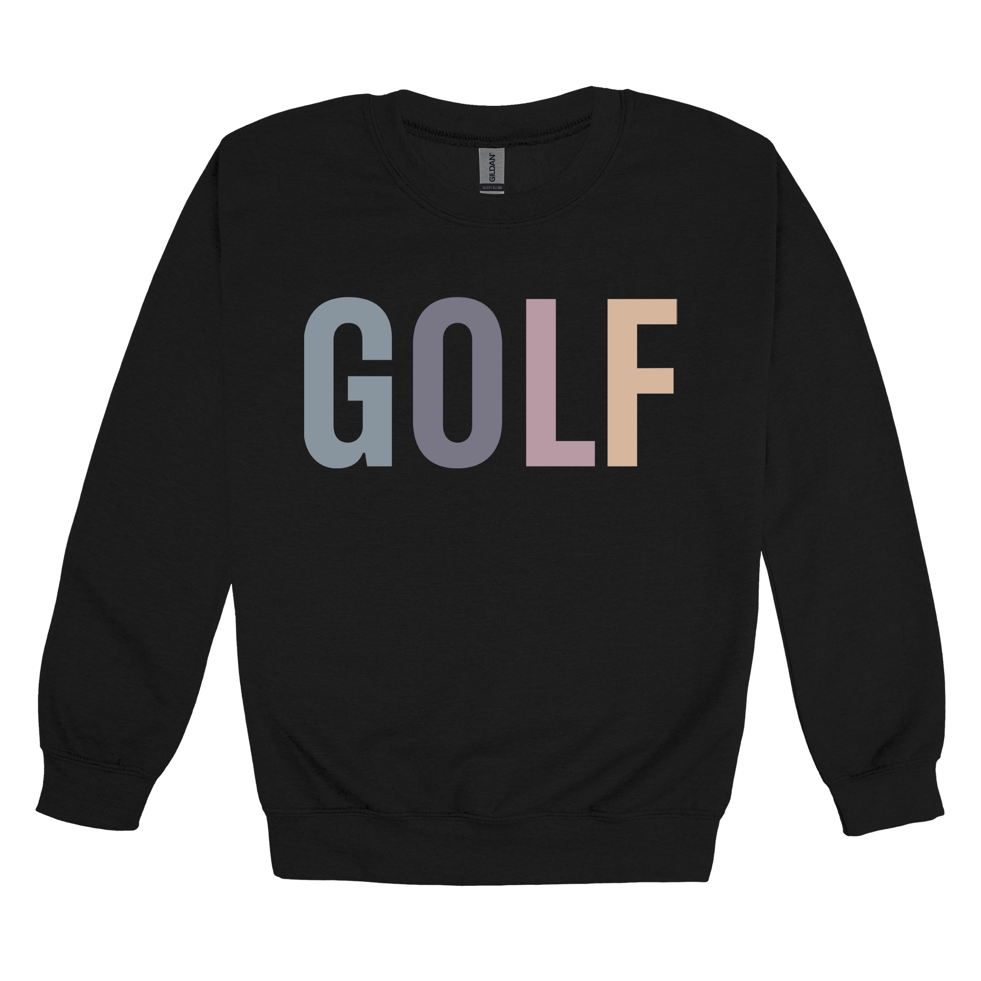 Golf design shown on Black adult Gildan crewneck sweatshirt.