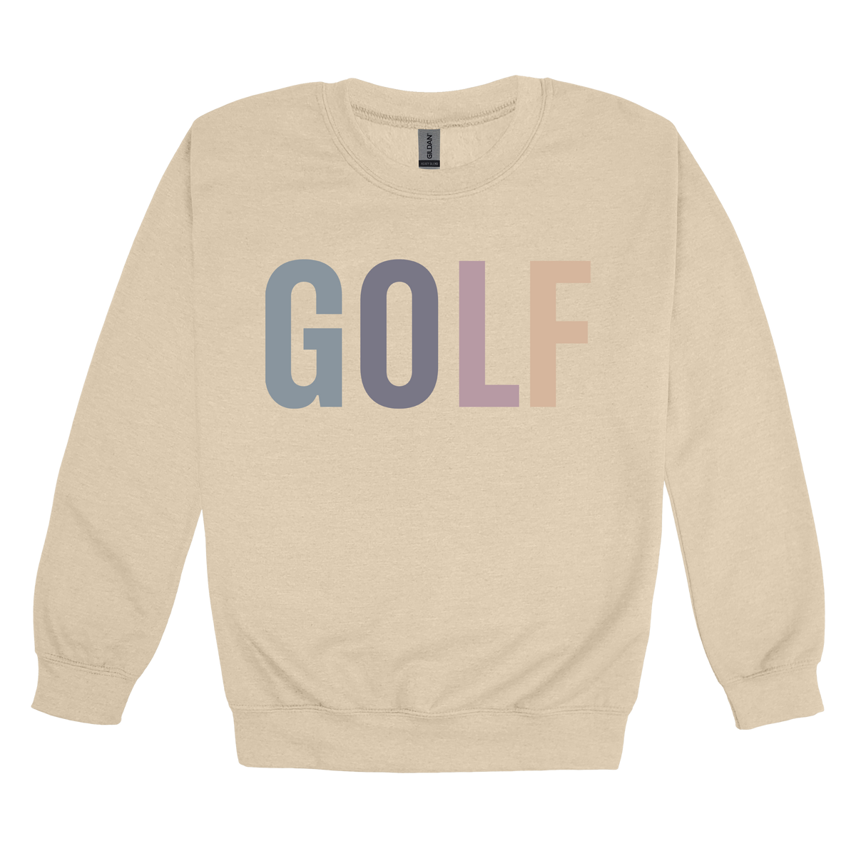 Golf design shown on Sand adult Gildan crewneck sweatshirt.