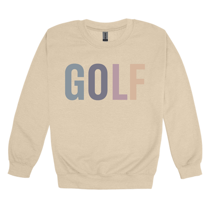 Golf design shown on Sand adult Gildan crewneck sweatshirt.