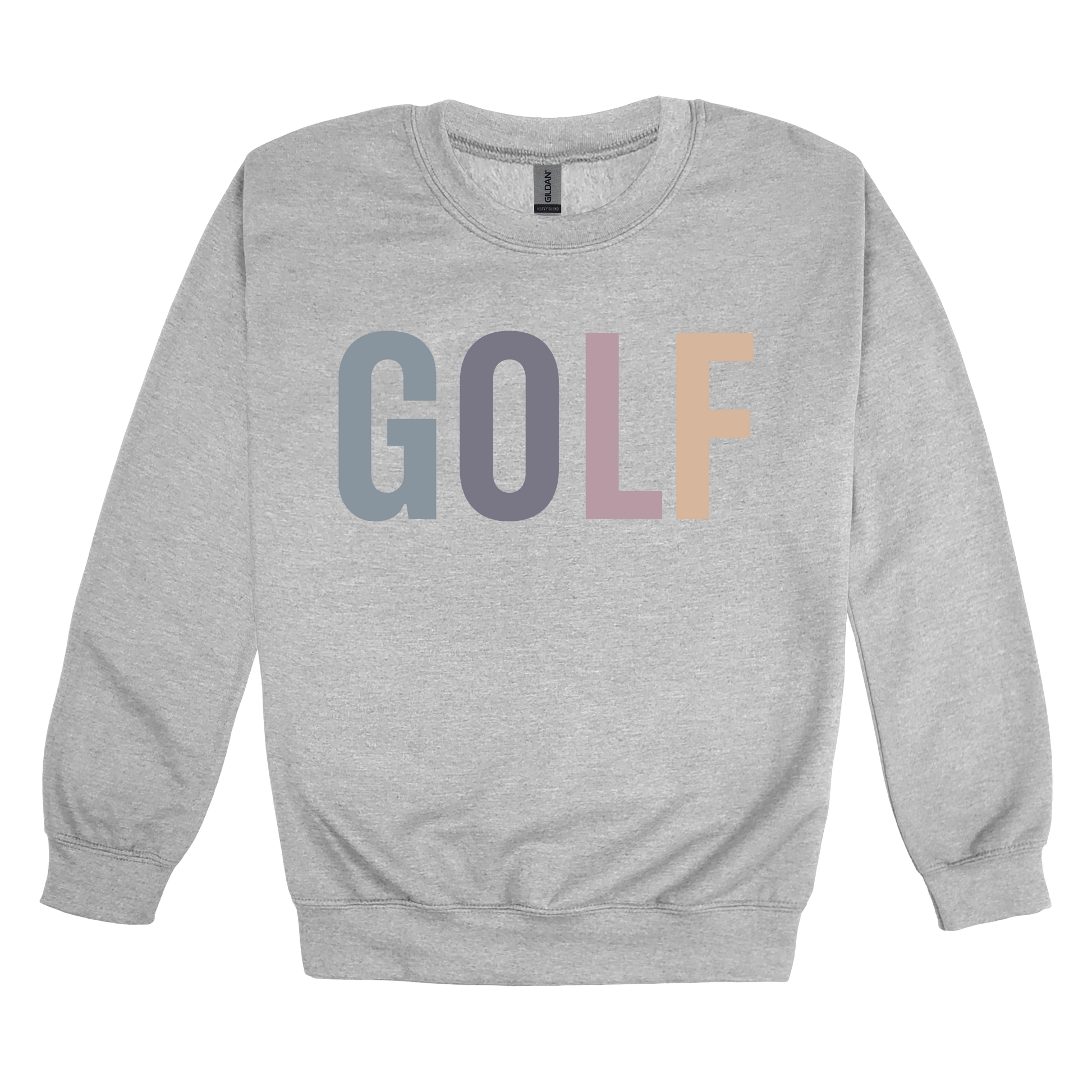 Golf design shown on Sport Gray adult Gildan crewneck sweatshirt.
