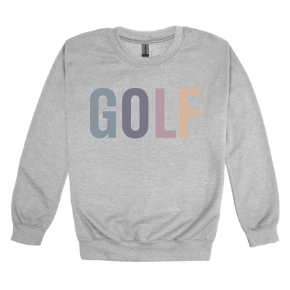 Golf design shown on Sport Gray adult Gildan crewneck sweatshirt.
