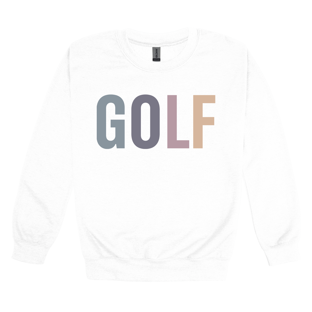 Golf design shown on White adult Gildan crewneck sweatshirt.