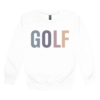 Golf design shown on White adult Gildan crewneck sweatshirt.