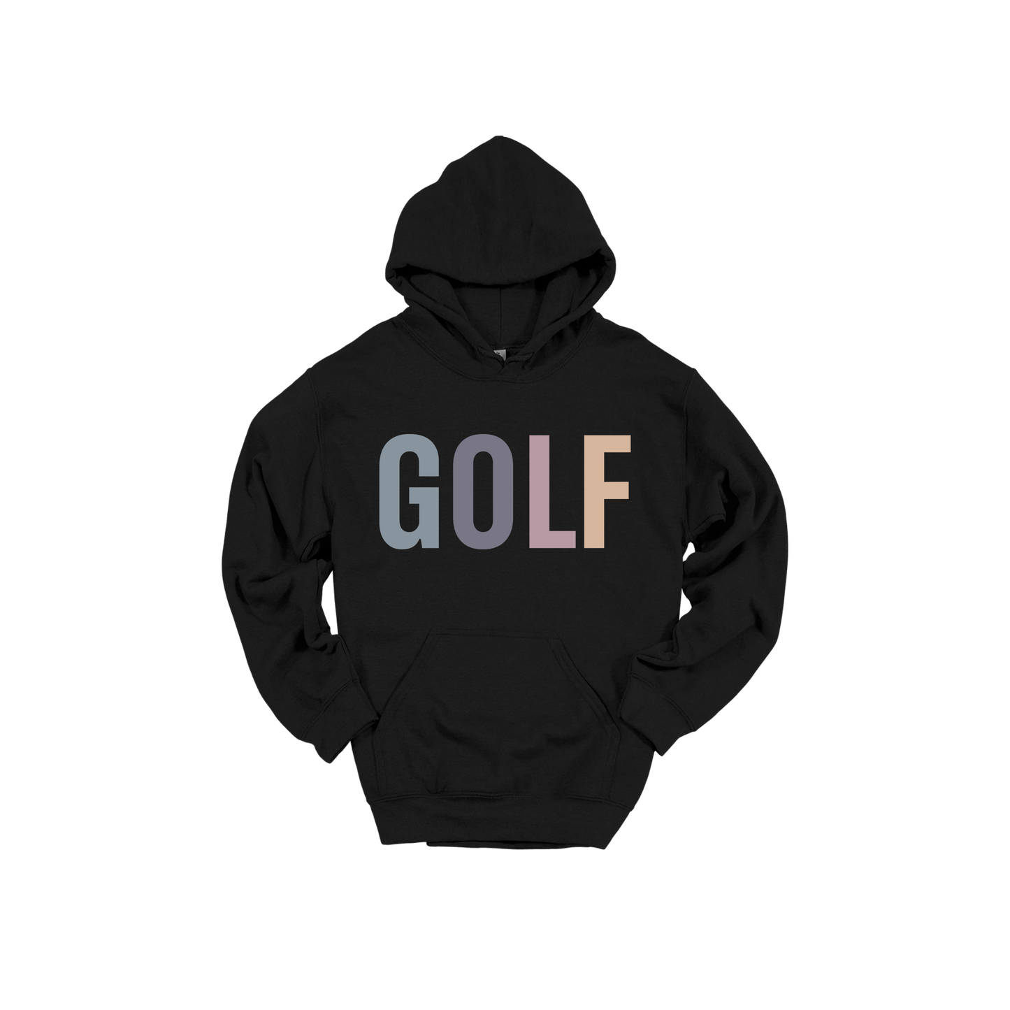 Golf design shown on Black adult Gildan hoodie.
