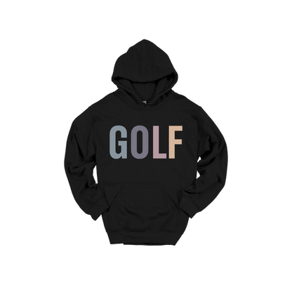 Golf design shown on Black adult Gildan hoodie.