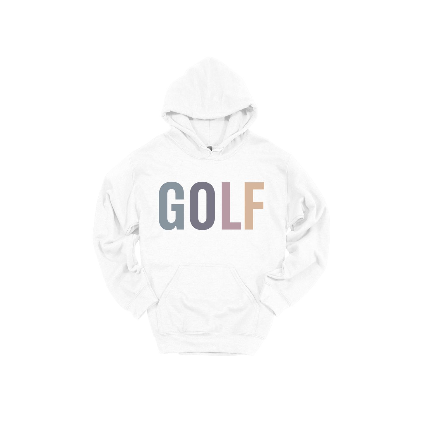 Golf design shown on White adult Gildan hoodie.