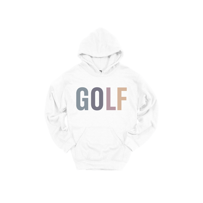 Golf design shown on White adult Gildan hoodie.