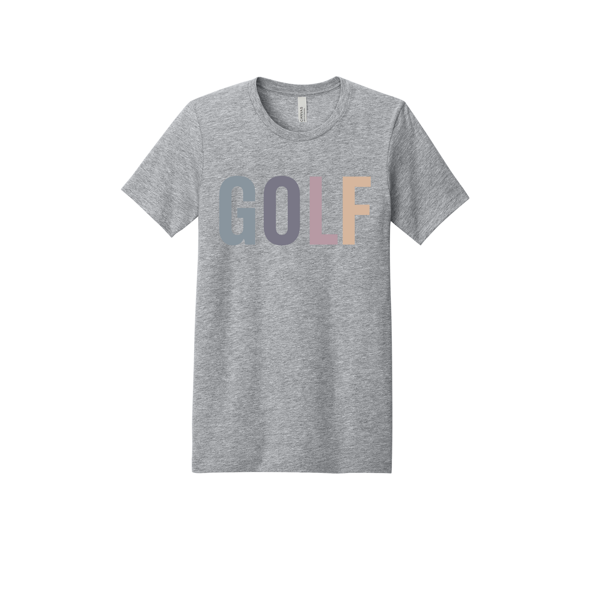 Golf design shown on Heather Athletic Gray adult Bella+Canvas 3001 T-shirt.