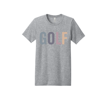 Golf design shown on Heather Athletic Gray adult Bella+Canvas 3001 T-shirt.