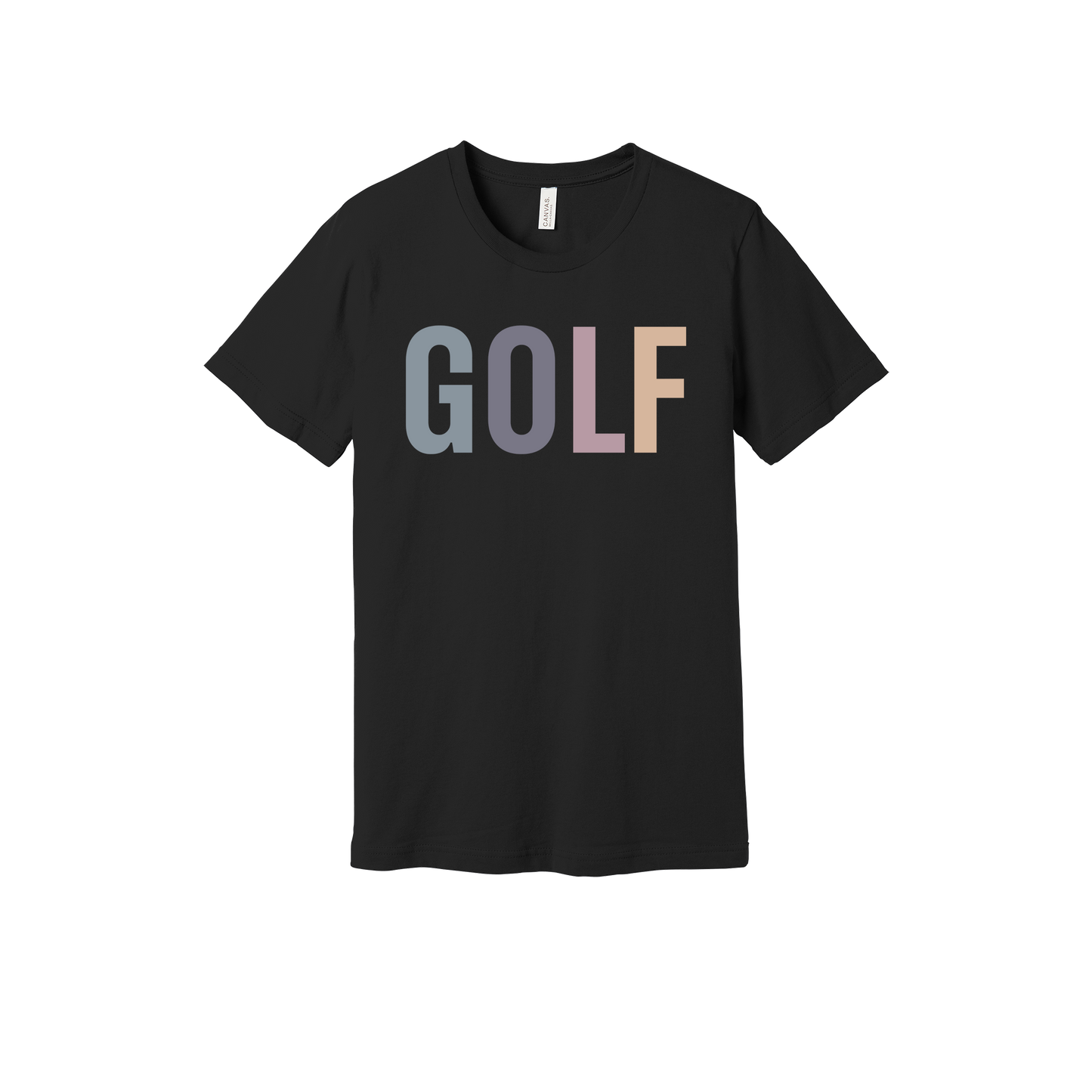 Golf design shown on Black adult Bella+Canvas 3001 T-shirt.