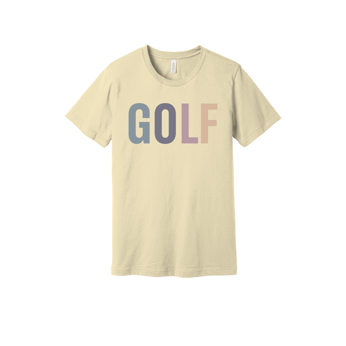 Golf design shown on Natural adult Bella+Canvas 3001 T-shirt.