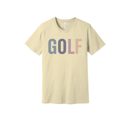 Golf design shown on Natural adult Bella+Canvas 3001 T-shirt.