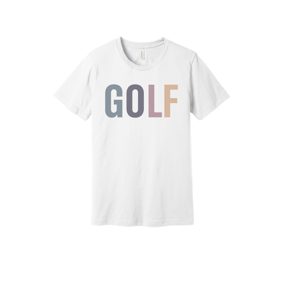 Golf design shown on White adult Bella+Canvas 3001 T-shirt.
