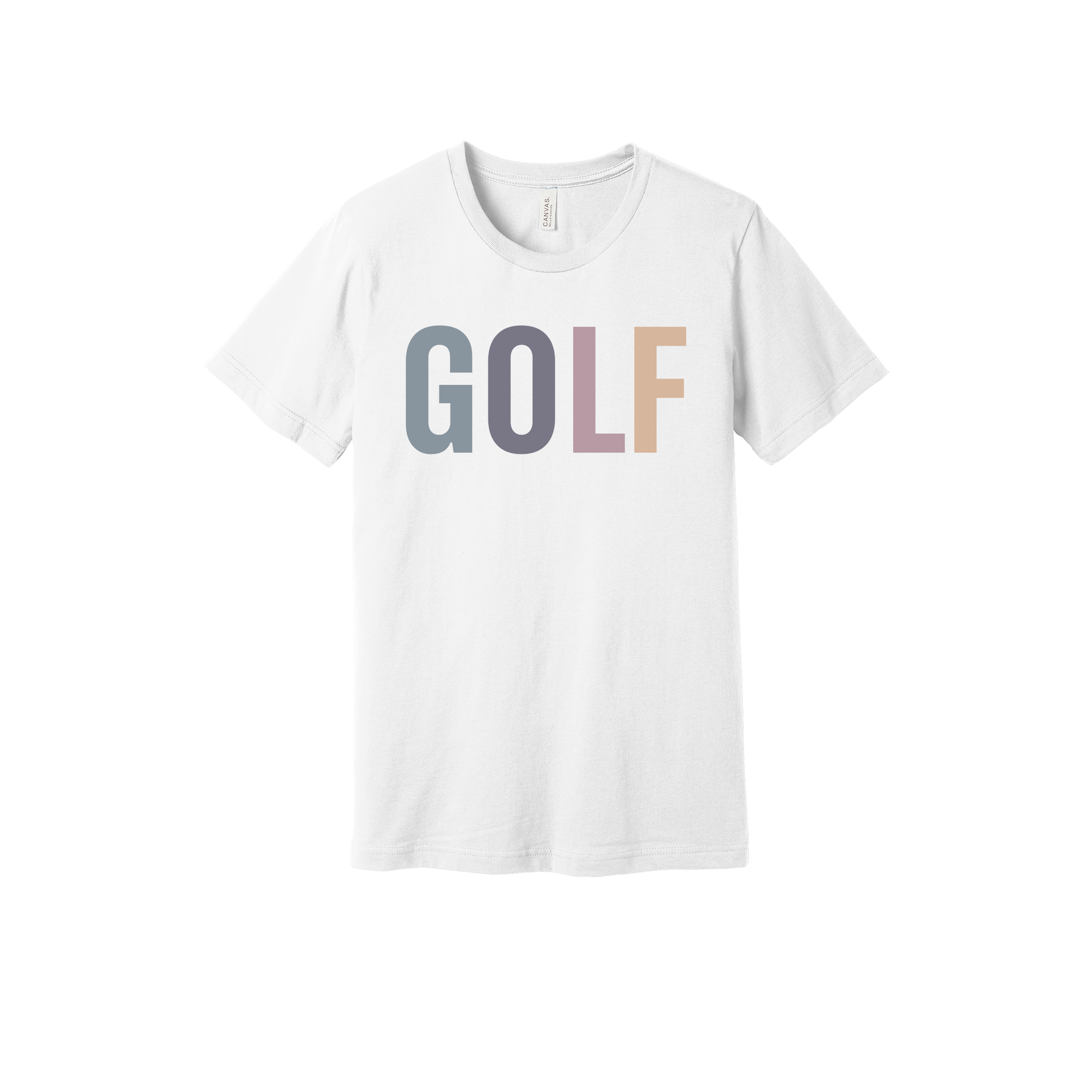 Golf design shown on White adult Bella+Canvas 3001 T-shirt.