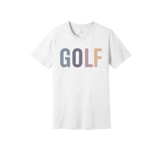 Golf design shown on White adult Bella+Canvas 3001 T-shirt.